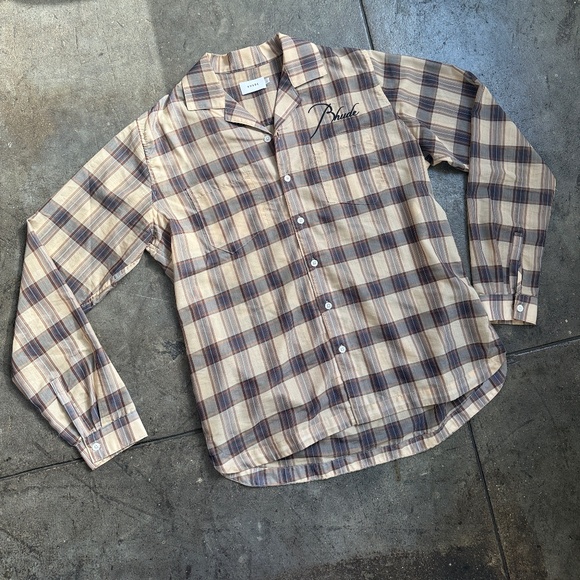 Rhude Sheer Plaid Long Sleeve Button Up Shirt Tan Size - Picture 1 of 11